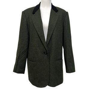 Vintage SAG HARBOR 100% Wool Blazer Dark Green Black Velvet Collar Womens Sz 14